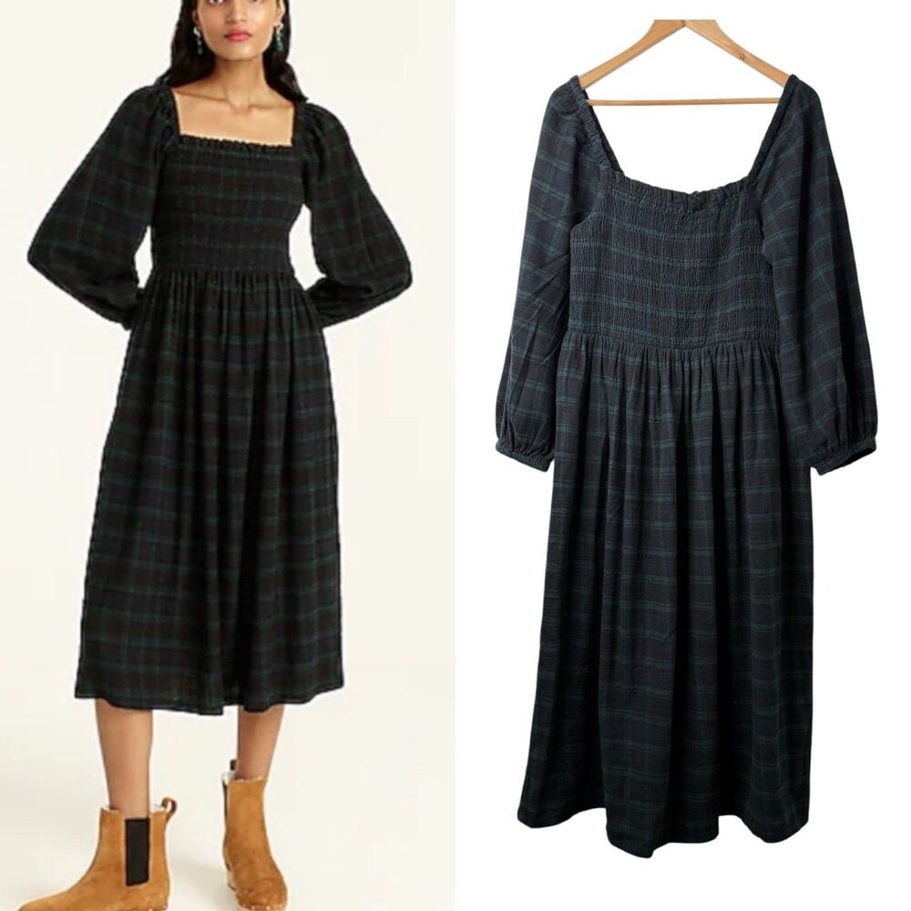 J Crew Smocked Puff Sleeve Midi Dress L Black Tartan Flannel Cottagecore Boho